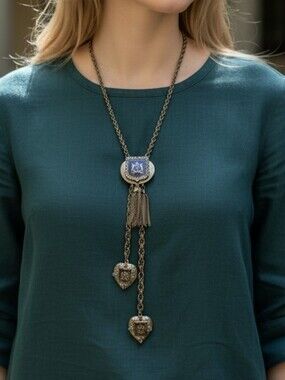 Gold-Tone Tassel Lariat Necklace with Navy Enamel Medallion